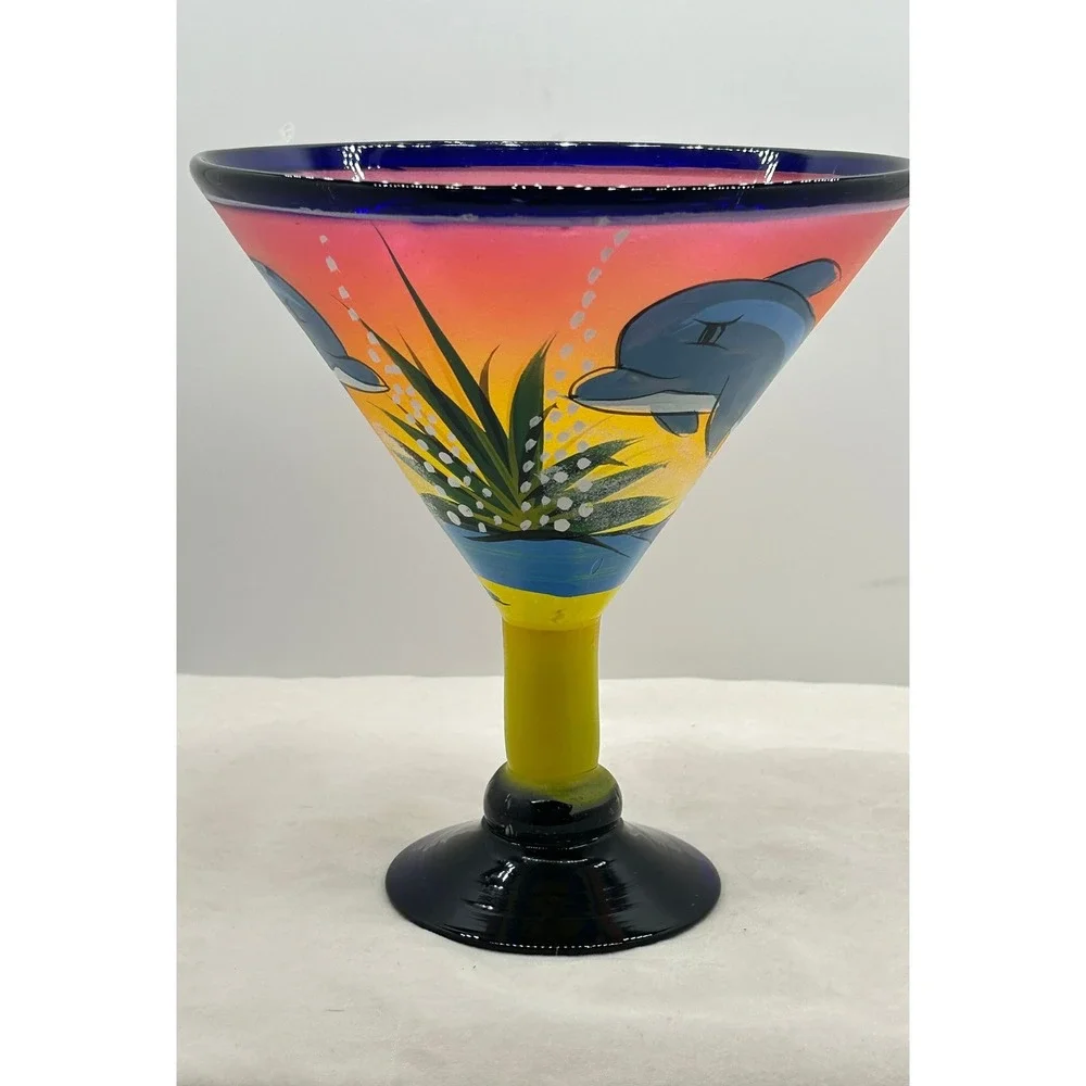 Hand Painted Dolphin Sunset Margarita Glass Cobalt Blue Rim Tropical Barware‎